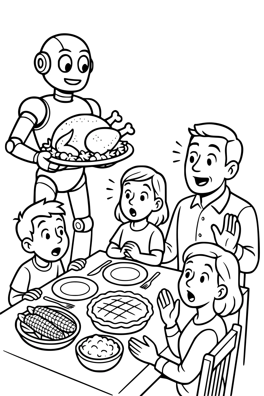 Robot serves turkey to family at Thanksgiving table with dad, mom, boy, girl, corn, lattice pie, and mashed potatoes.