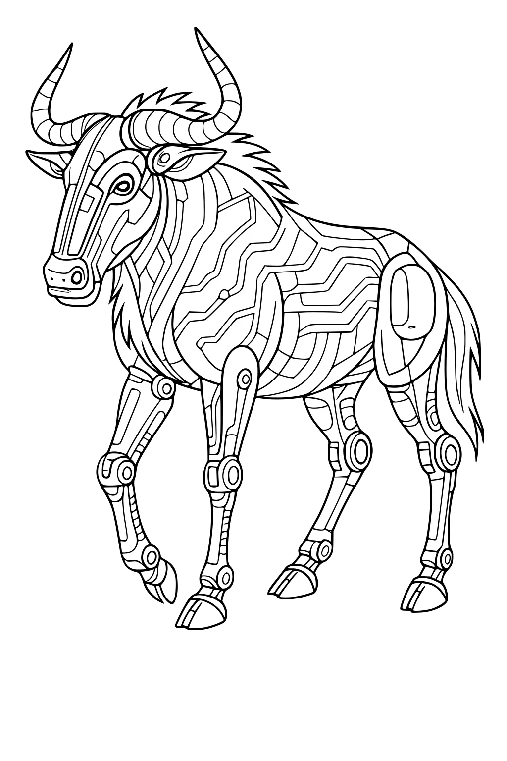 Robotic wildebeest with curved horns, circuit panels, mechanical legs, and a shaggy mane and tail in clean line art.
