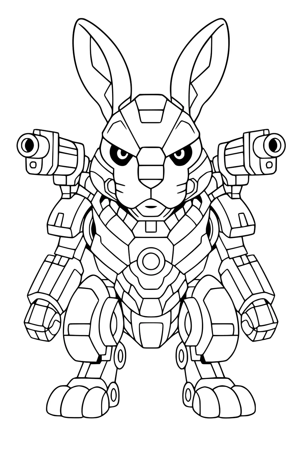 Robot rabbit facing forward with large ears, armor covering its body, and shoulder cannons.