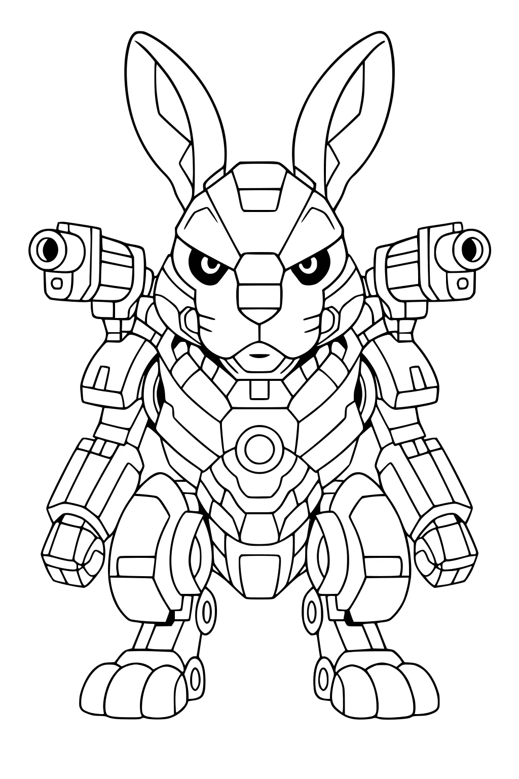 Robot rabbit facing forward with large ears, armor covering its body, and shoulder cannons.