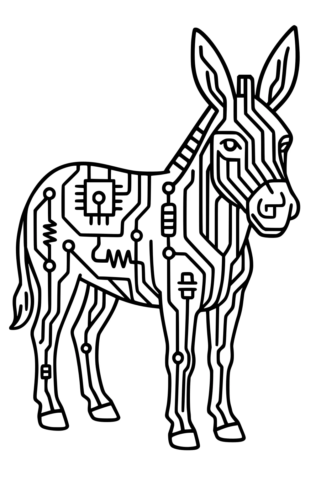 Donkey outlined with electronic circuit board patterns and shapes on its body and face.