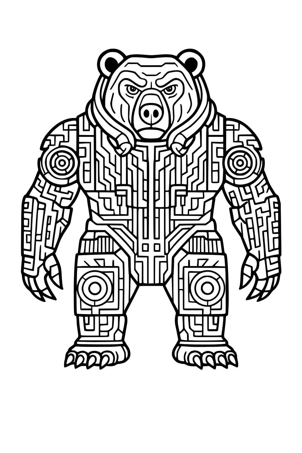 Robot bear with circuit patterns across body, claws out, circles on arms and legs, standing upright, looking forward