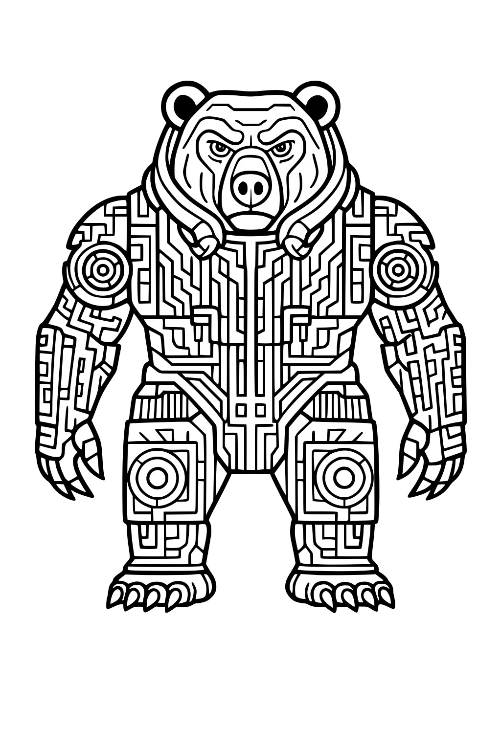 Robot bear with circuit patterns across body, claws out, circles on arms and legs, standing upright, looking forward