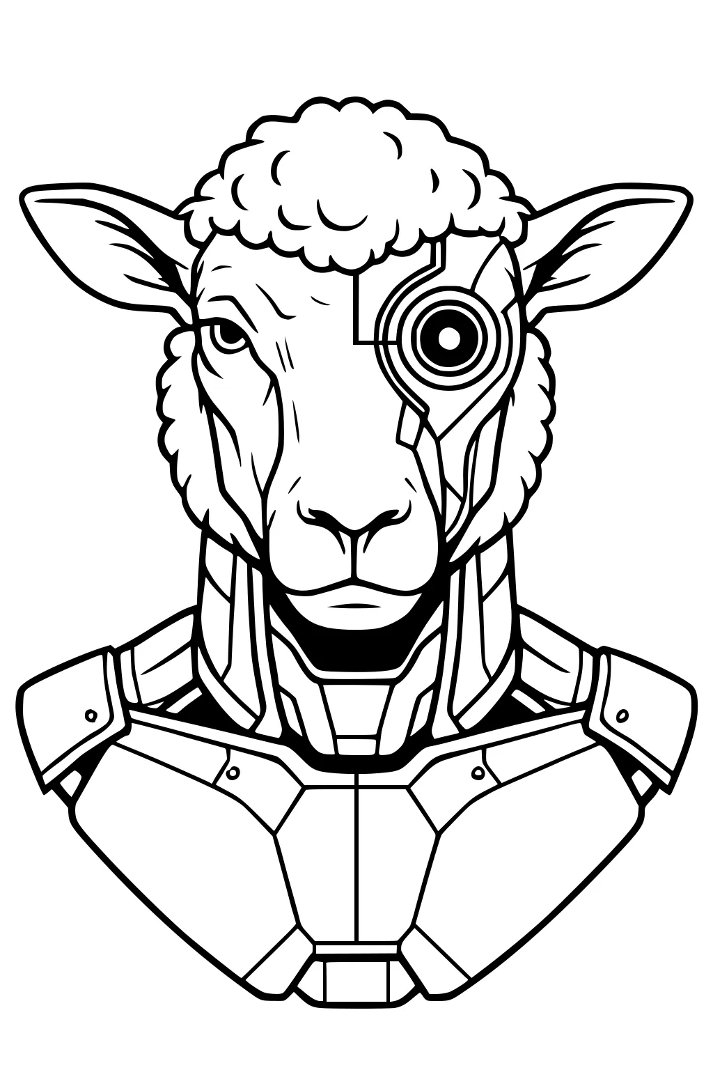 Sheep face with curly fleece, wearing robotic armor and a metal device over one eye, looking straight ahead.