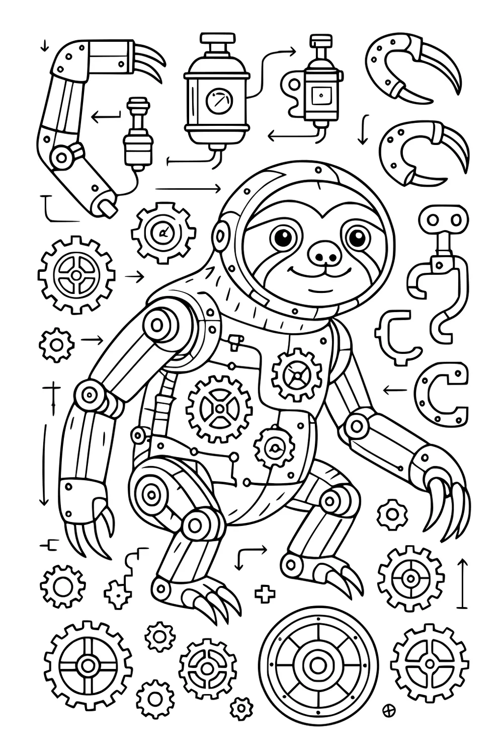 Robot sloth with gears, metal arms, loose robot parts, and arrows showing how pieces fit together.