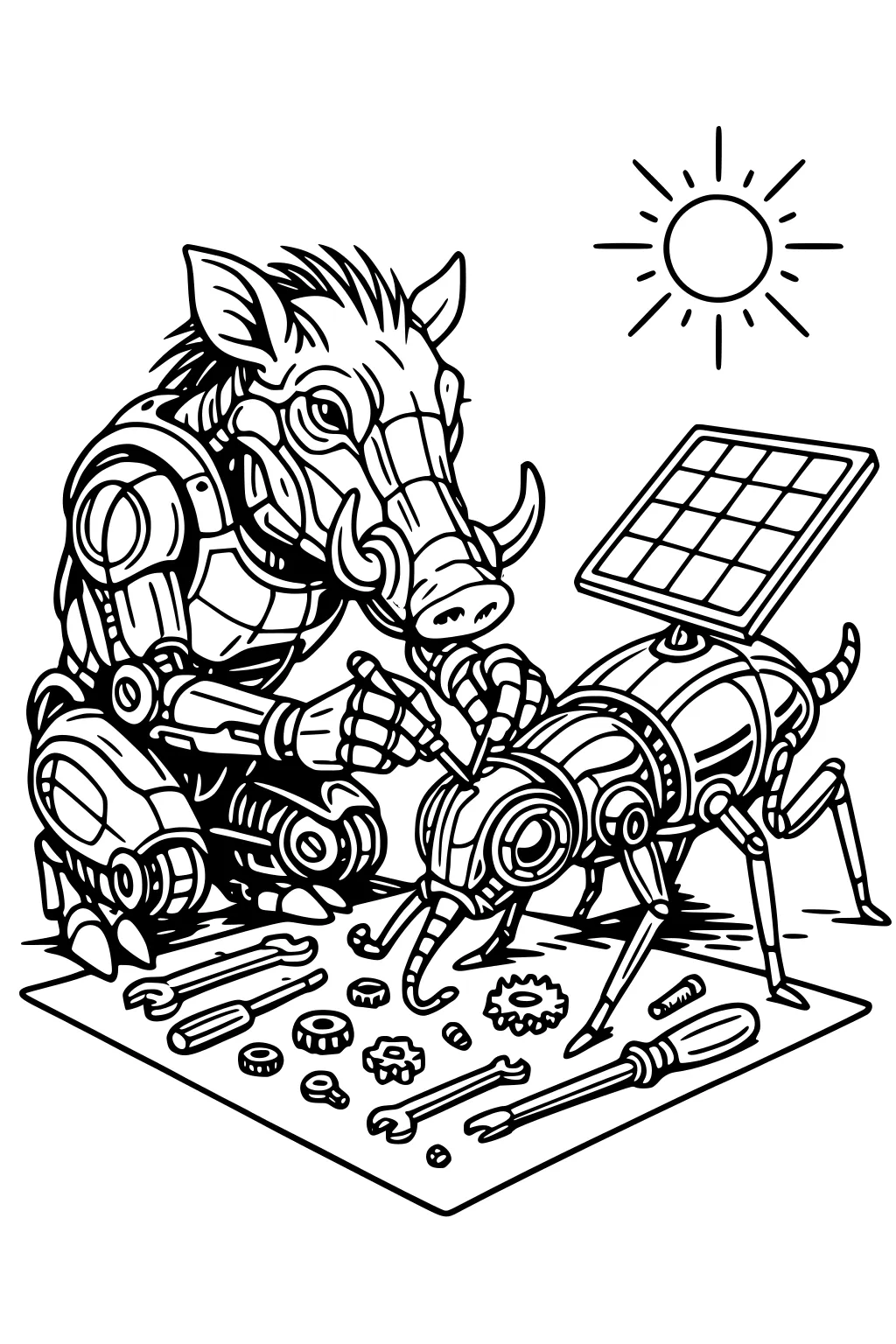 Robot warthog uses a screwdriver on a robot ant with a solar panel, surrounded by gears, tools, and a shining sun.