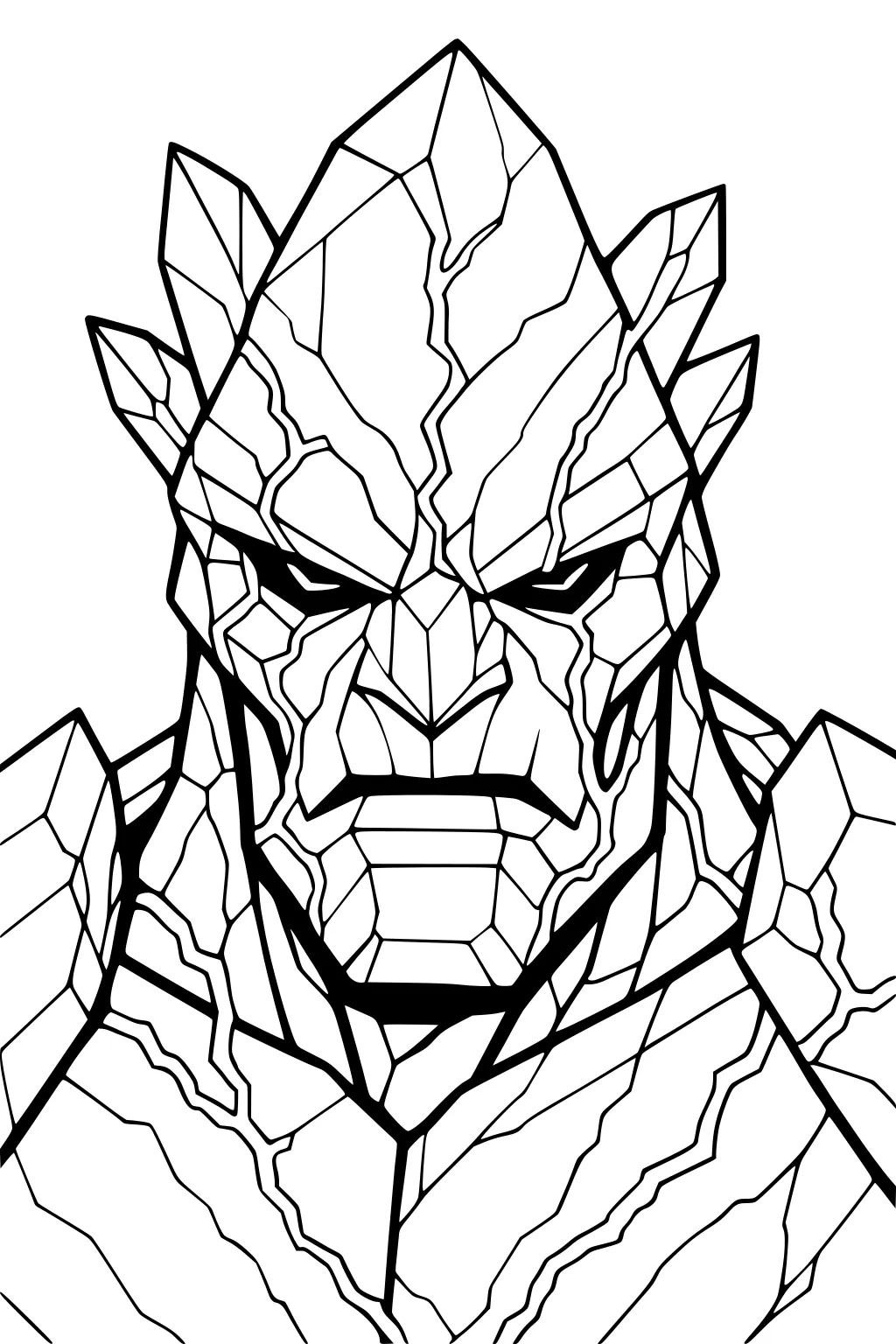 Rock golem portrait with crystal spikes, angular face, narrow eyes, and cracked stone plates on head and shoulders in bold outline.