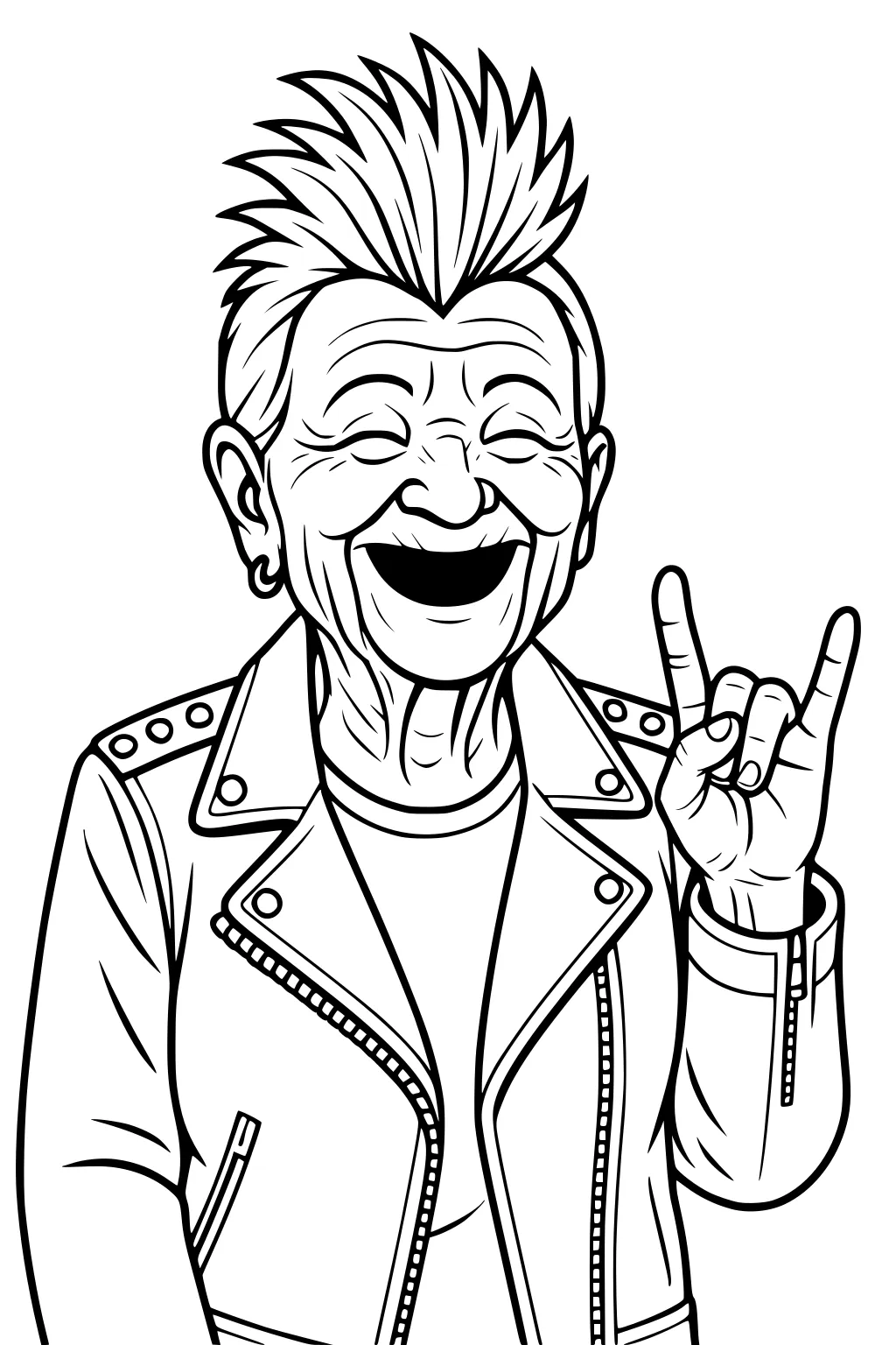 Smiling elderly woman with spiky hair in a studded leather jacket, raising a hand in the rock sign; cartoon line art, front view.