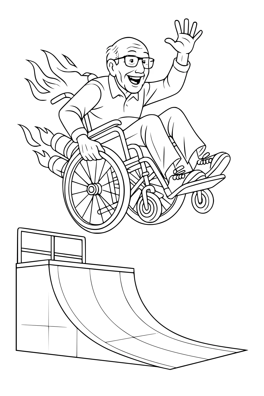 Elderly man in glasses waves while riding a rocket-powered wheelchair over a half-pipe ramp, flames trailing behind.
