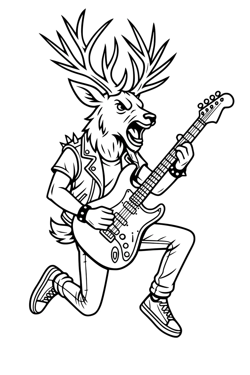 Deer with big antlers playing electric guitar in a spiked jacket and sneakers, mid-jump.