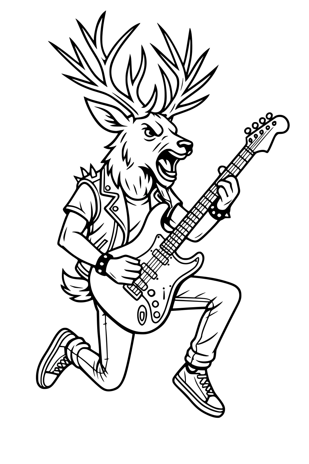 Deer with big antlers playing electric guitar in a spiked jacket and sneakers, mid-jump.