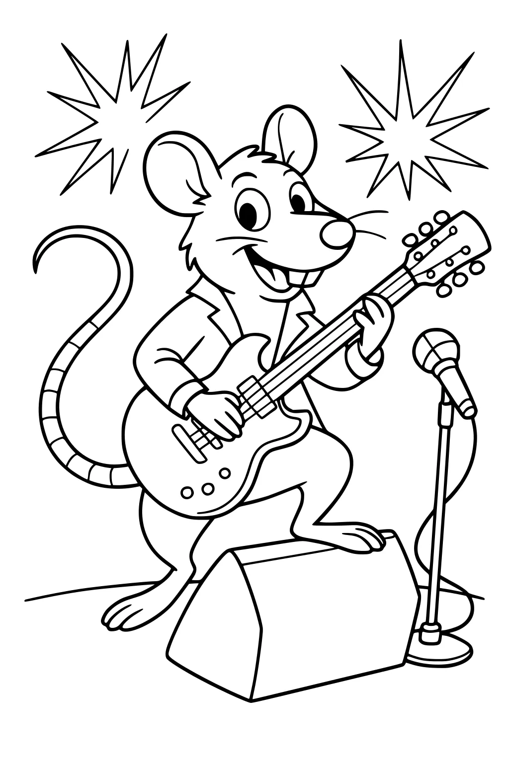 Cartoon rat playing guitar on speaker with microphone stand and two star shapes behind him.