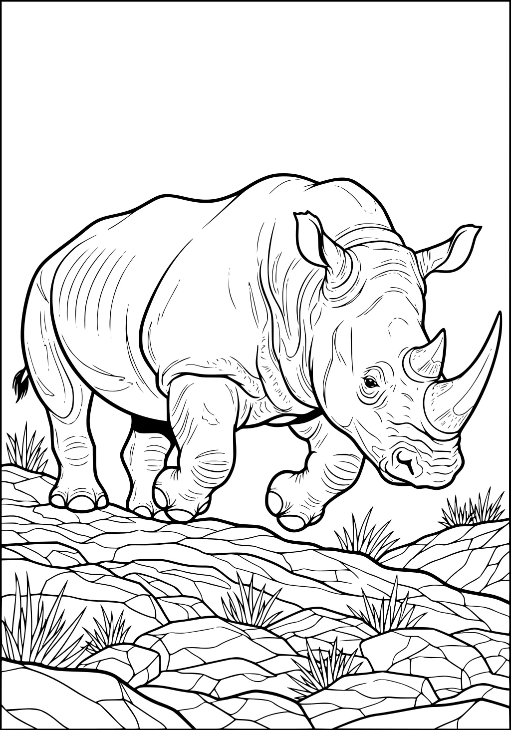 Rhinoceros with two horns walking on rocky ground with grass tufts around its feet.