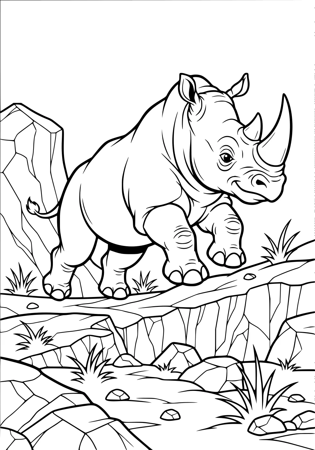 Rhinoceros with two horns walking on rocks, surrounded by grass and large stones, cartoon style line art.