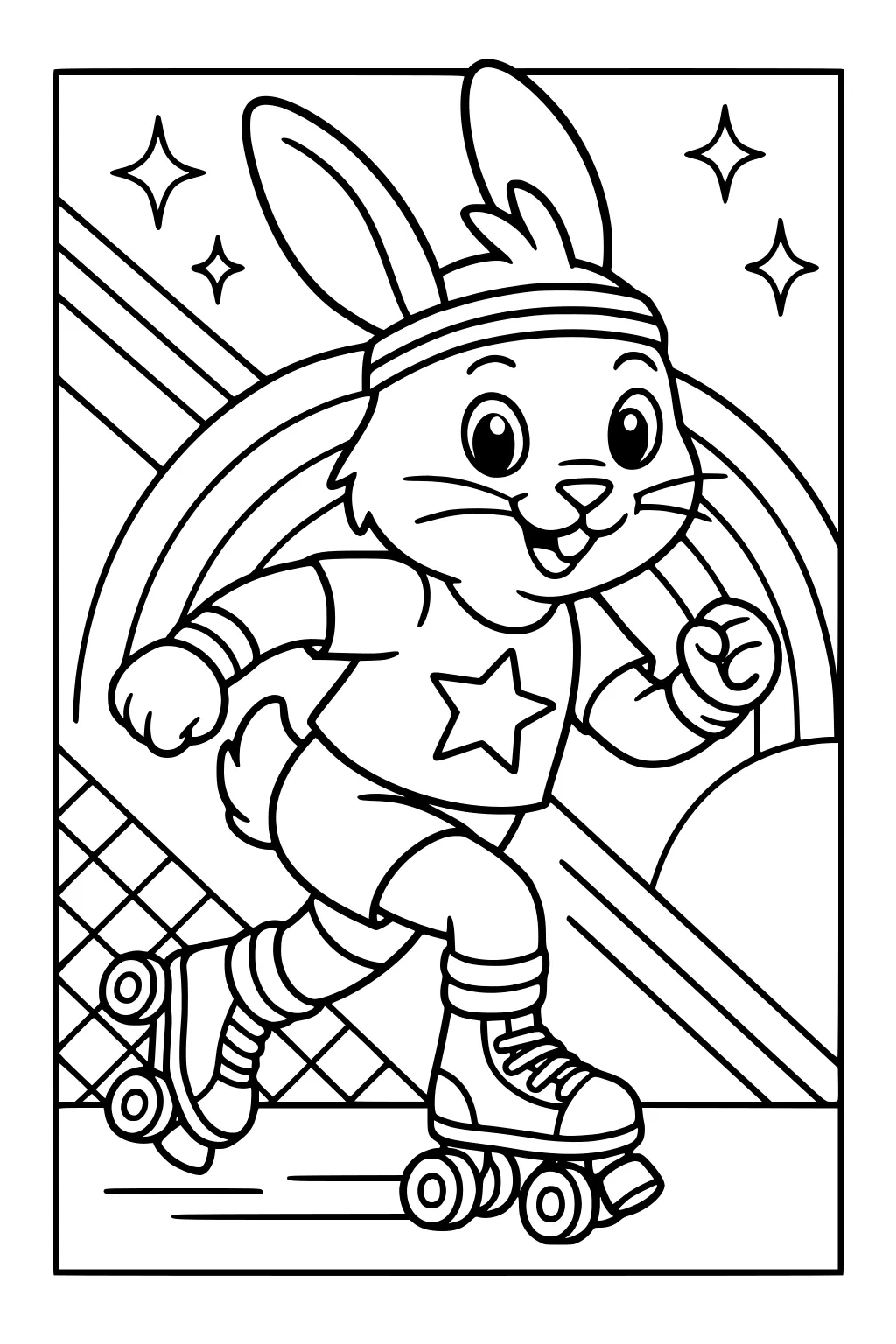 Rabbit on roller skates wearing a star shirt and headband, skating in front of a rainbow, sun, and twinkling stars.
