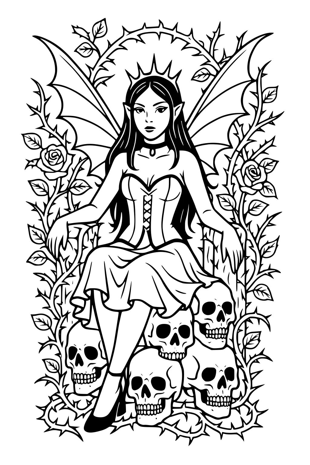 Fairy girl on rose-thorn throne with wide wings, laced dress, choker, small crown, vines and roses, skulls arranged at the base.