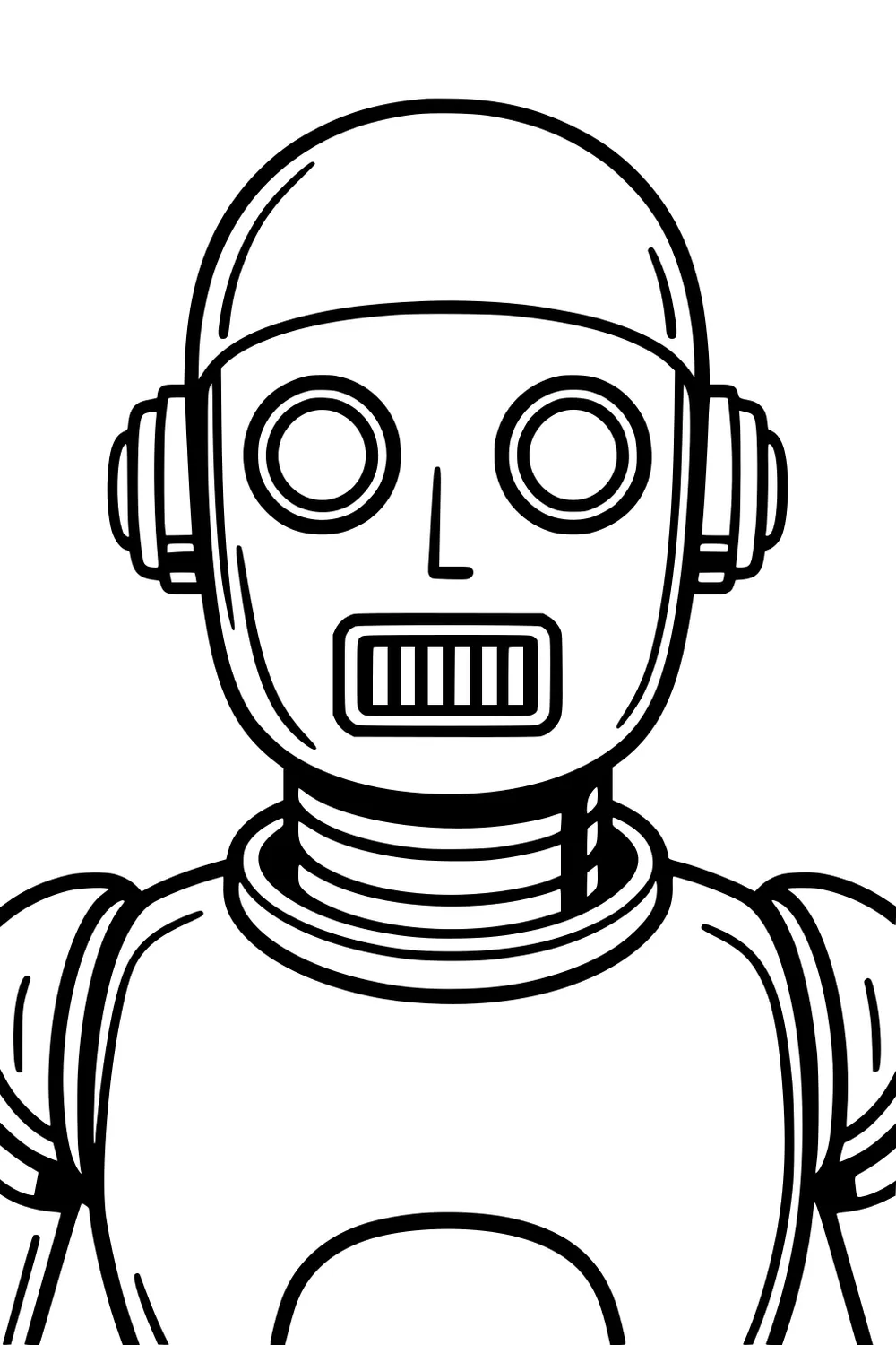Cartoon robot portrait with dome head, round eyes, grille mouth, circular side panels, ringed neck, and curved shoulder plates.