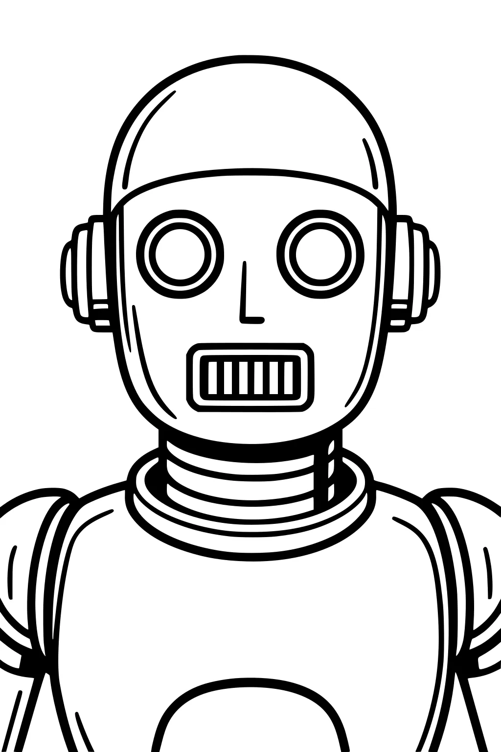 Cartoon robot portrait with dome head, round eyes, grille mouth, circular side panels, ringed neck, and curved shoulder plates.