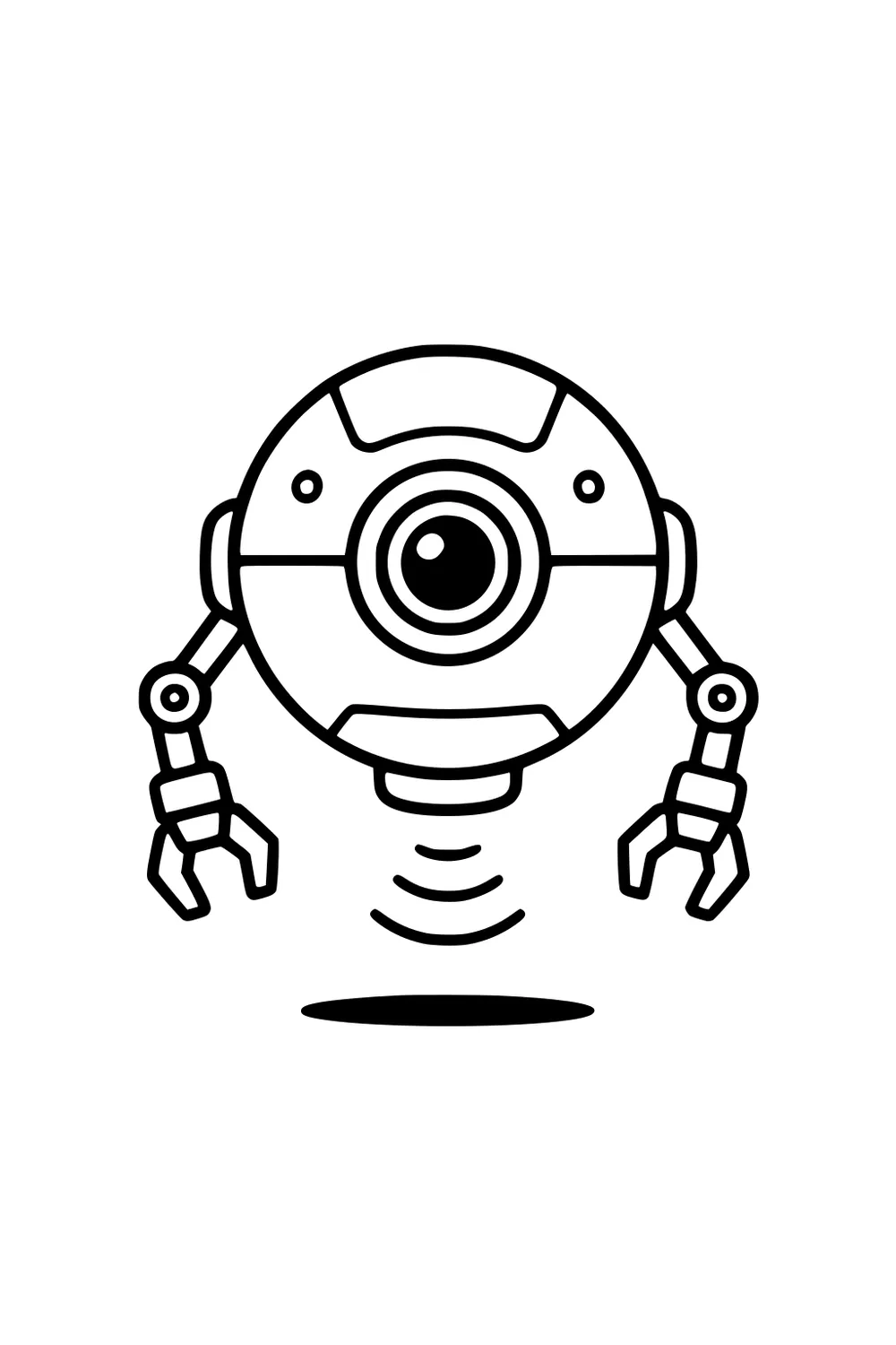 Round hovering robot with single large eye and two claw arms, floating above a shadow with motion lines in simple black outlines.