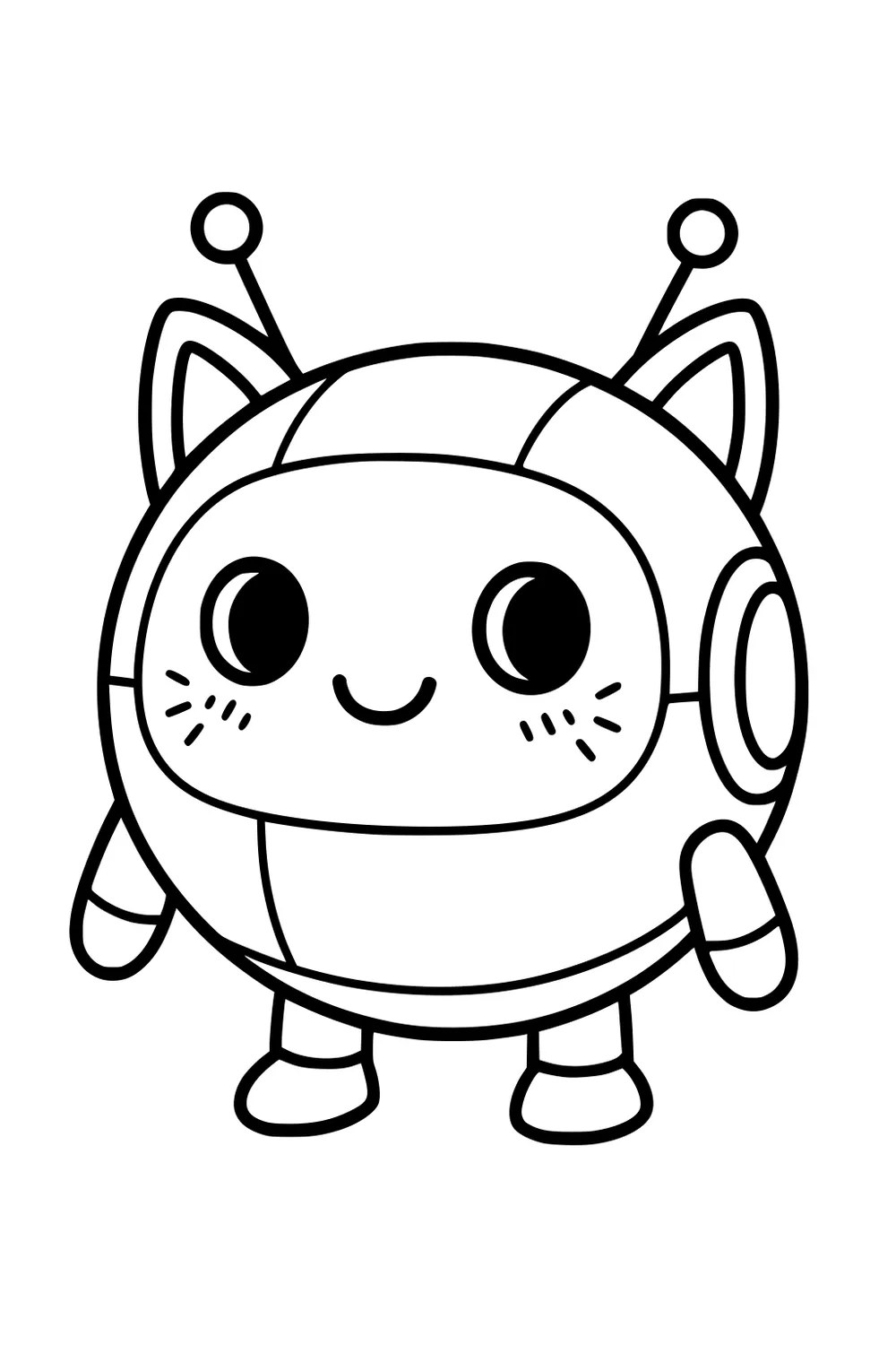 Round cartoon robot with cat ears, two antennae with ball tips, big eyes, short arms and legs, smiling face, bold simple outlines.
