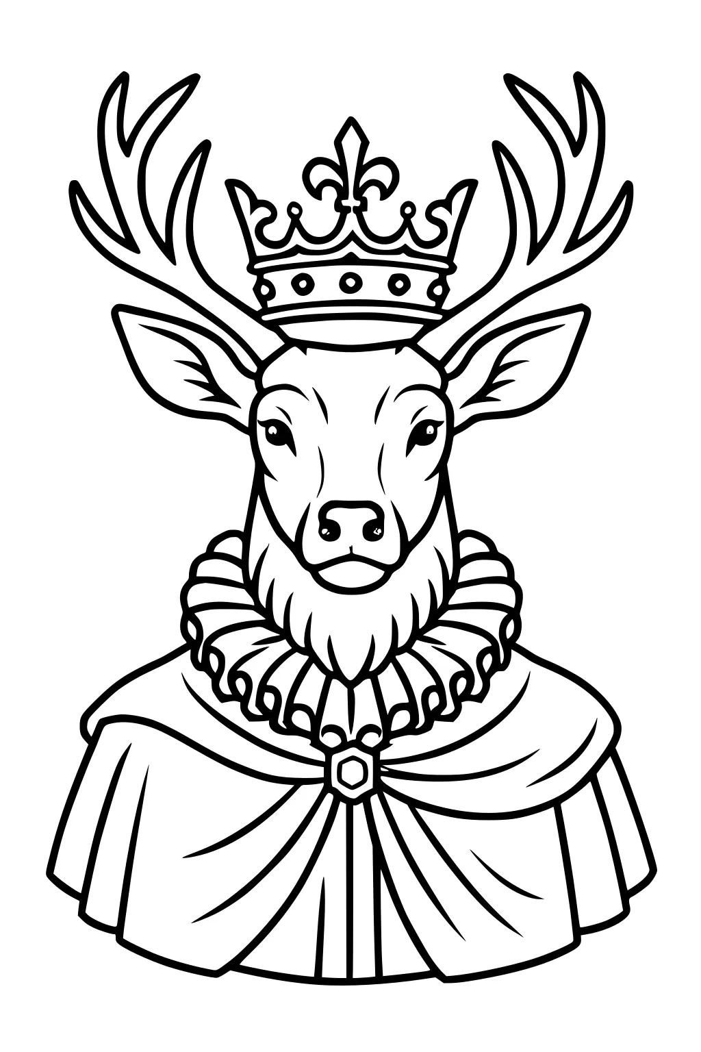 Stag with big antlers wearing a crown, ruffled collar, and robe with a jewel clasp.