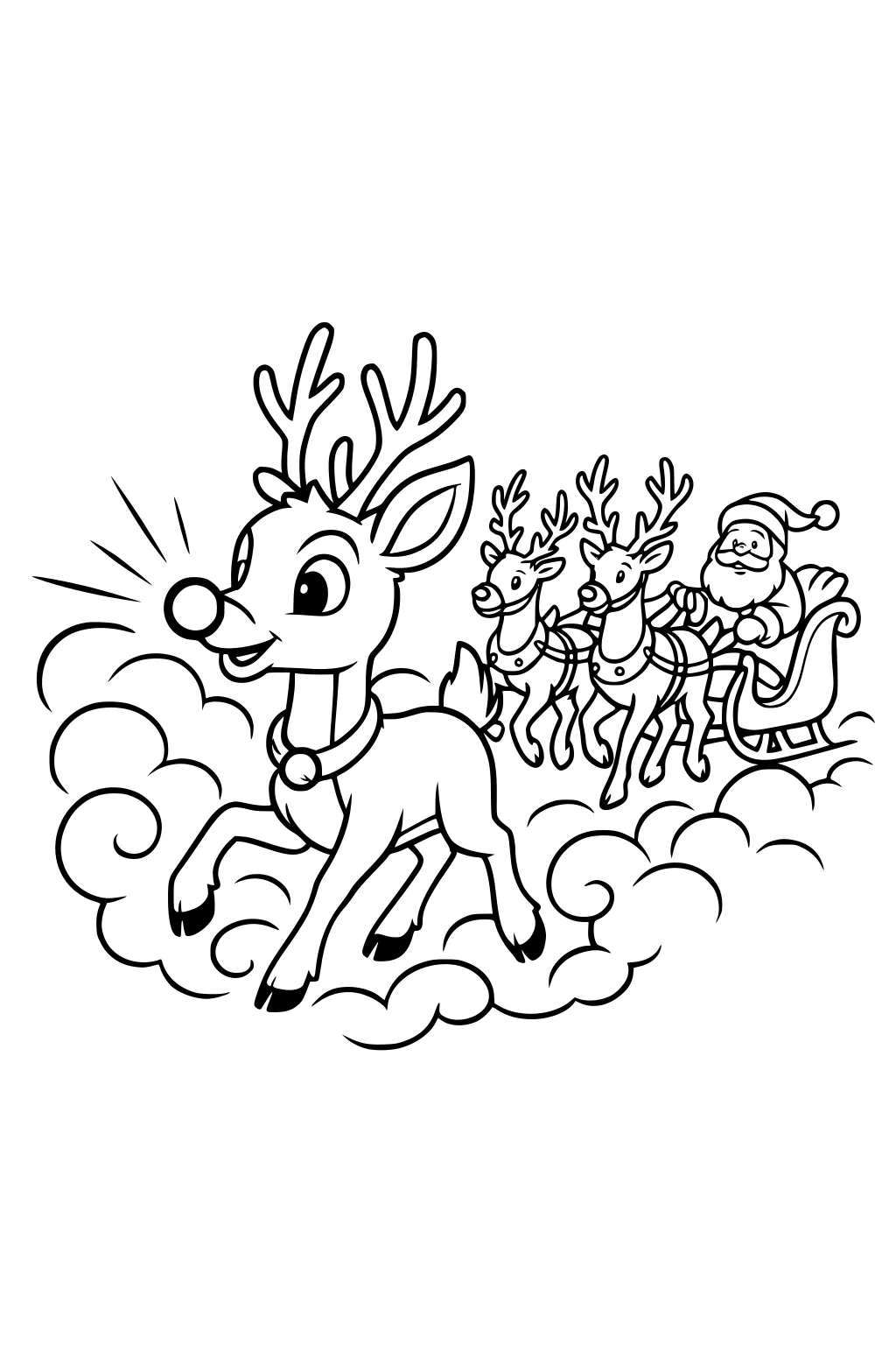 Rudolph with a glowing nose leads two reindeer pulling Santa in a sleigh through swirling clouds, cartoon line art.