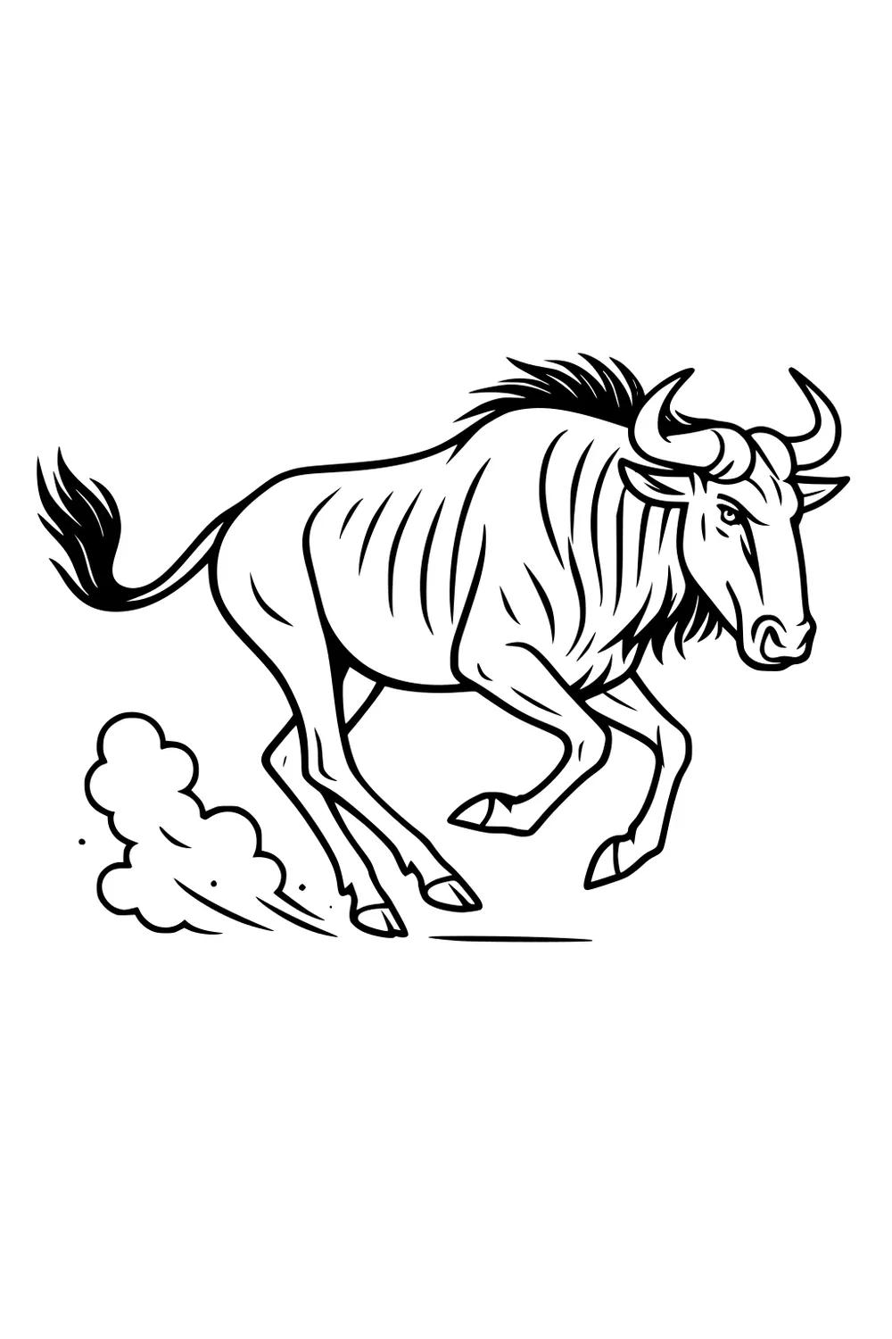 Running wildebeest with curved horns and shaggy mane kicking up a dust cloud, simple line art with open background.