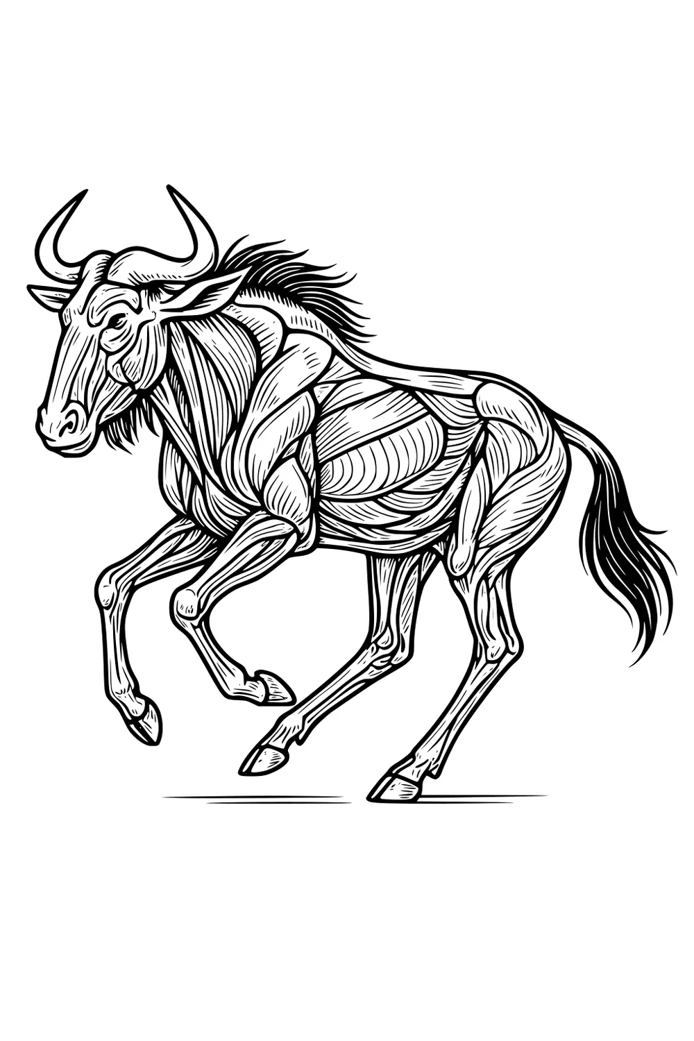 Running wildebeest line drawing with curved horns, shaggy mane, muscle lines, lifted hooves, and streaming tail; side view on white.