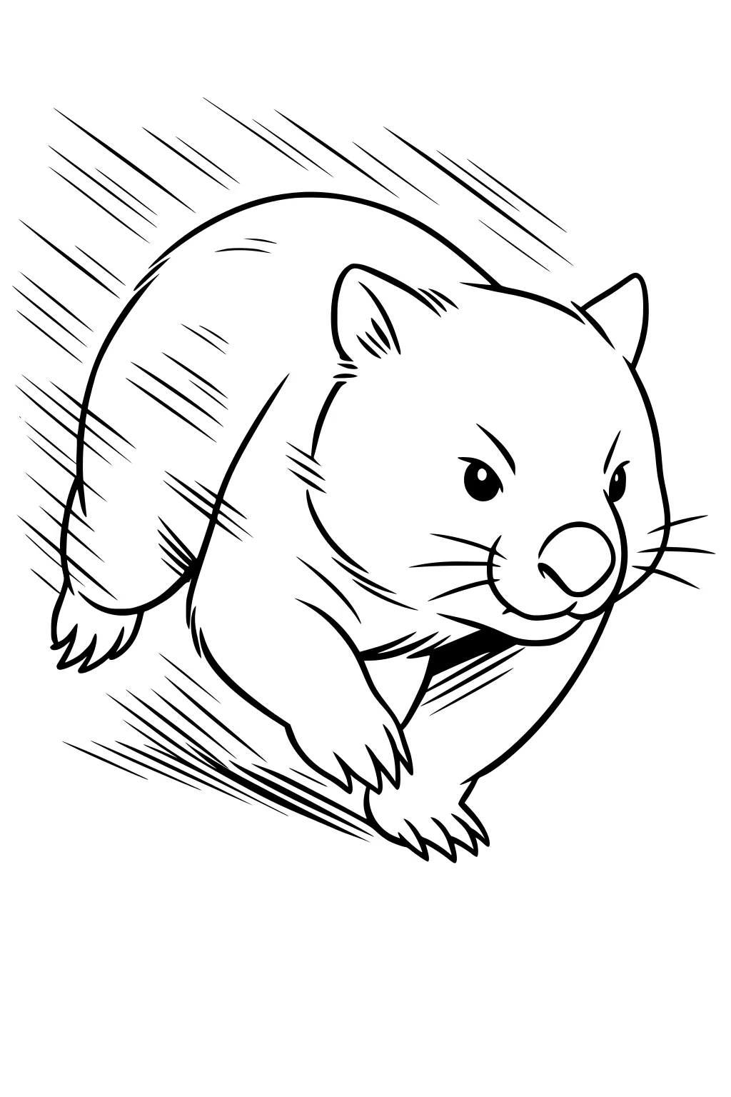 Speeding wombat with motion lines, round nose, perked ears, whiskers, short legs and claws, simple outline on a white background.
