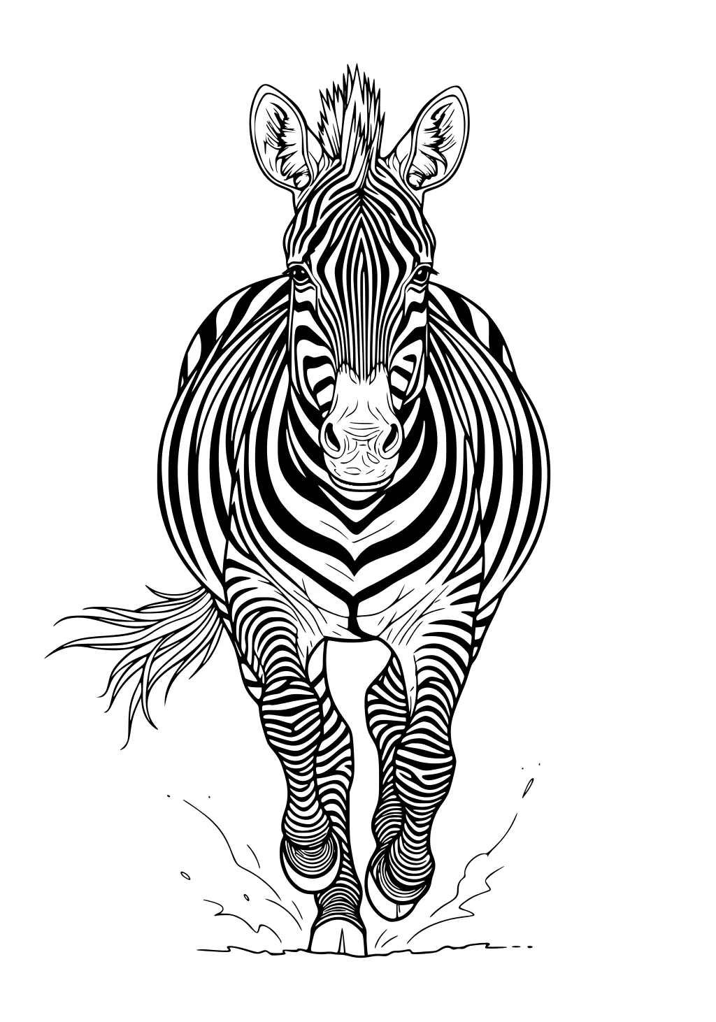 Front-view zebra running with detailed stripes, ears up, mane bristling, and water splashing under hooves on a plain background.