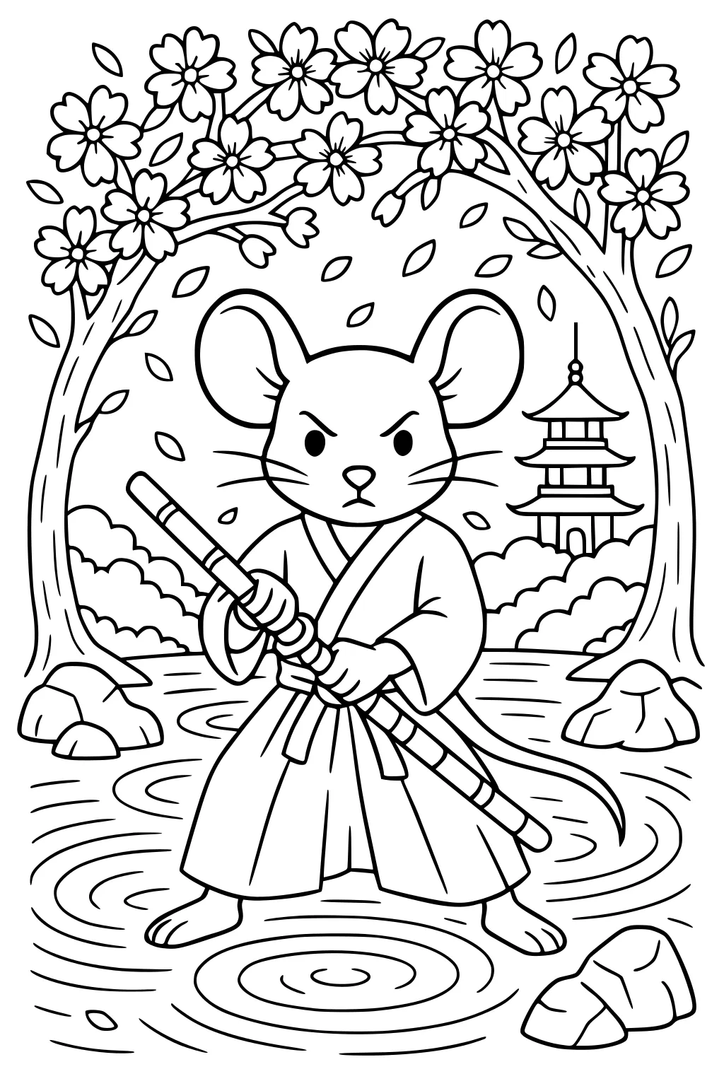 Mouse in kimono holding staff, standing in pond with cherry blossom trees and a pagoda in the background.