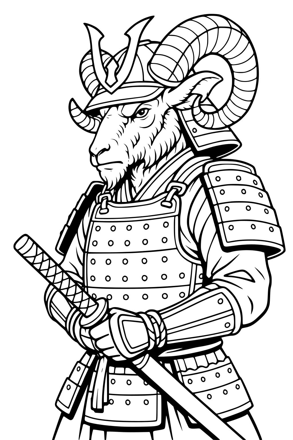 Sheep in elaborate samurai armor holding sword, with curved horns and decorated helmet.