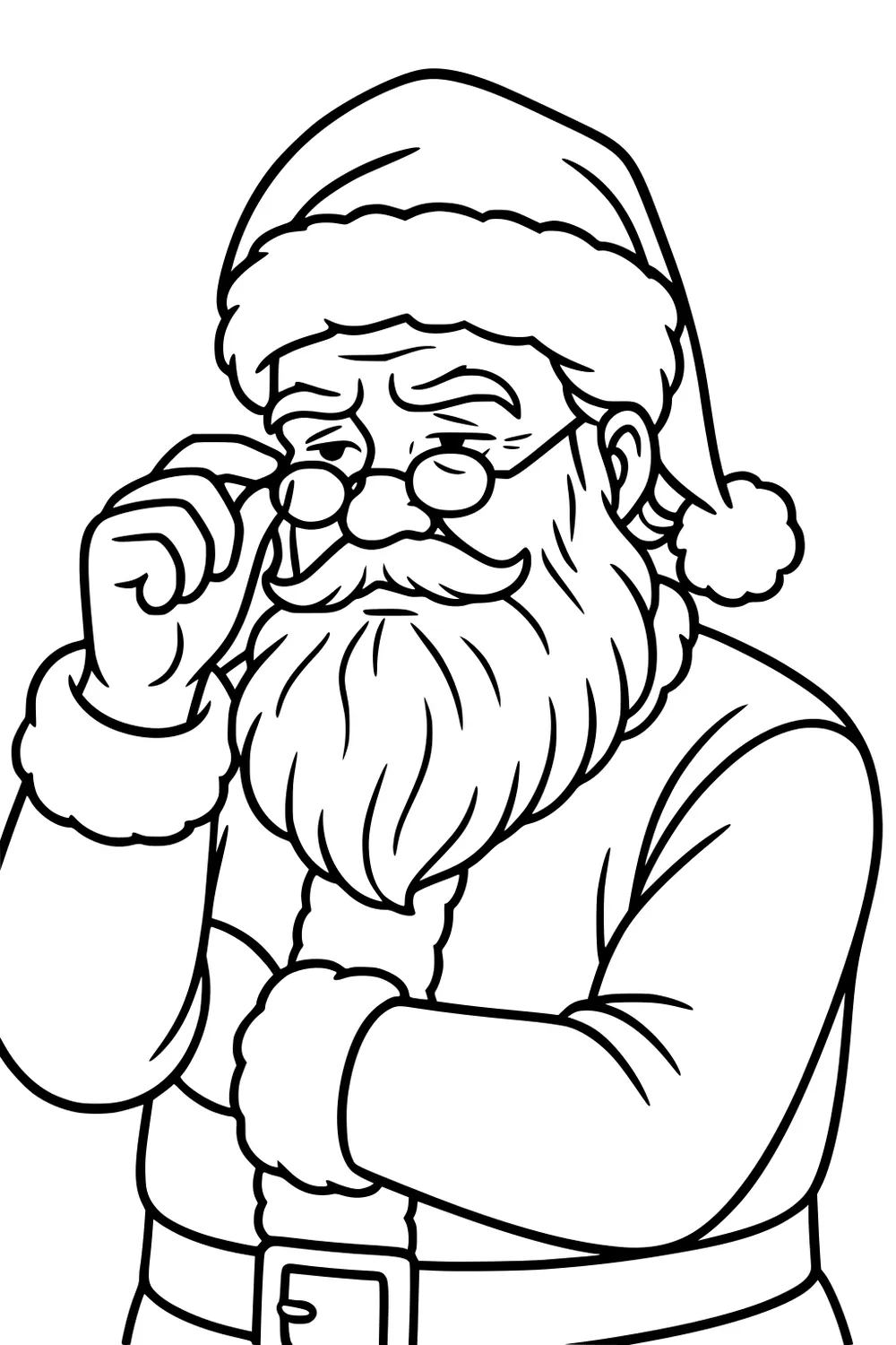 Santa adjusts round glasses, wearing a fur-trimmed hat and coat, big beard and belt, shown from the waist up.