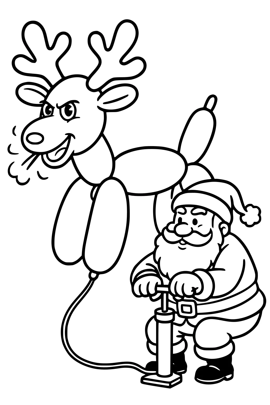 Santa uses a hand pump to inflate a balloon reindeer with big antlers; hose attached, Santa in hat, belt, and boots, smiling.