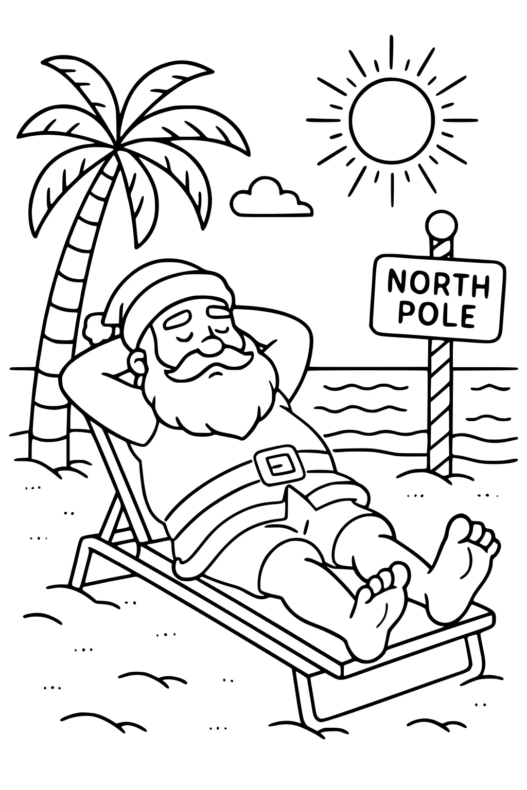 Santa naps on a beach lounger under the sun near a palm tree and a striped North Pole sign by calm ocean waves.