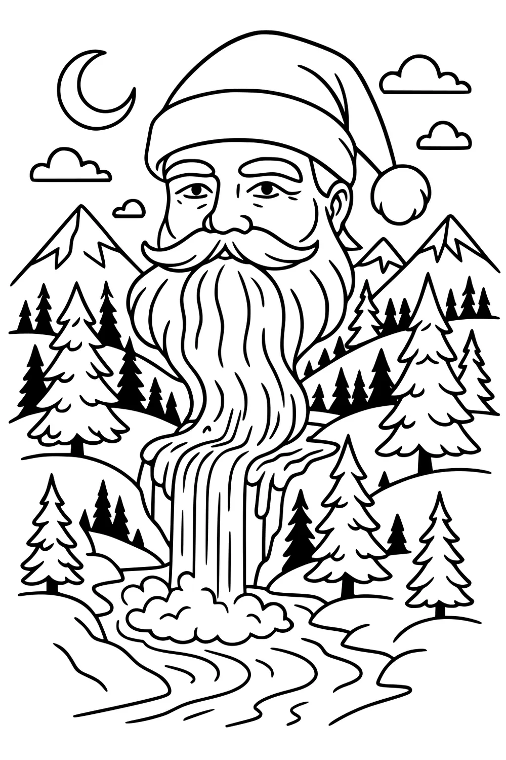 Santa Claus with hat and mustache; long beard flows as a waterfall into a river among pine trees, snowy mountains, clouds, and a crescent moon.