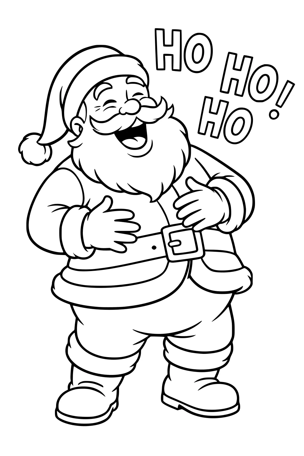 Laughing Santa with Ho Ho Ho text, hands on belly, fluffy beard, pom-pom hat, belt, coat, and boots in simple outline.