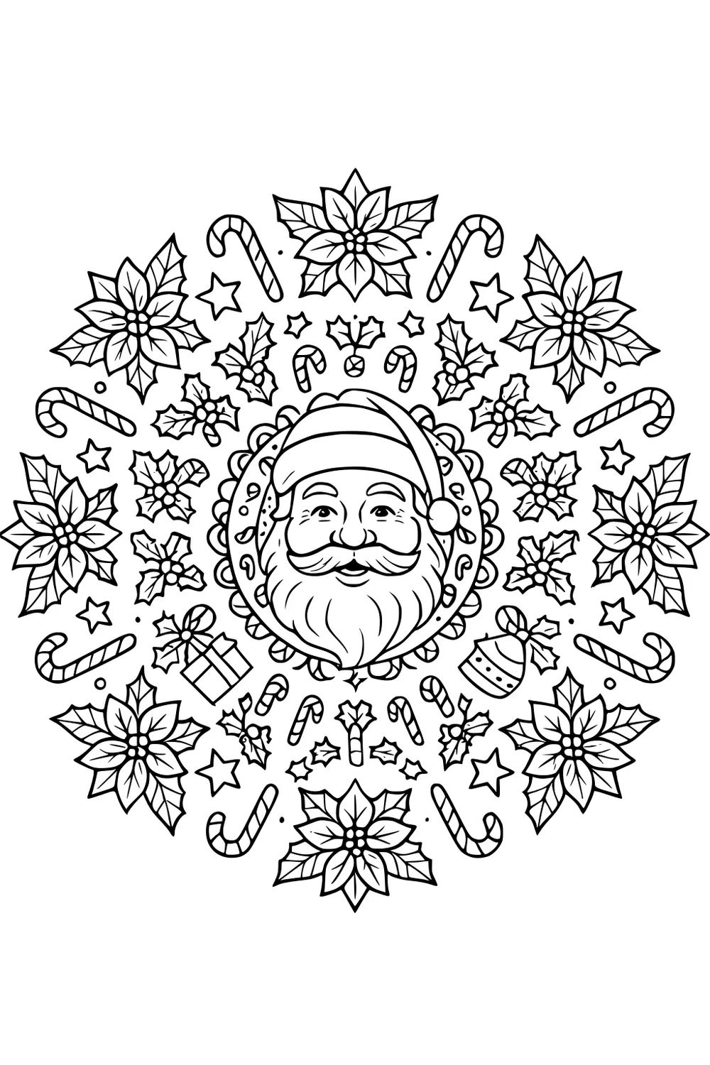 Santa face centered in a circular Christmas mandala with poinsettias, holly, candy canes, stars, a gift box, and an ornament.