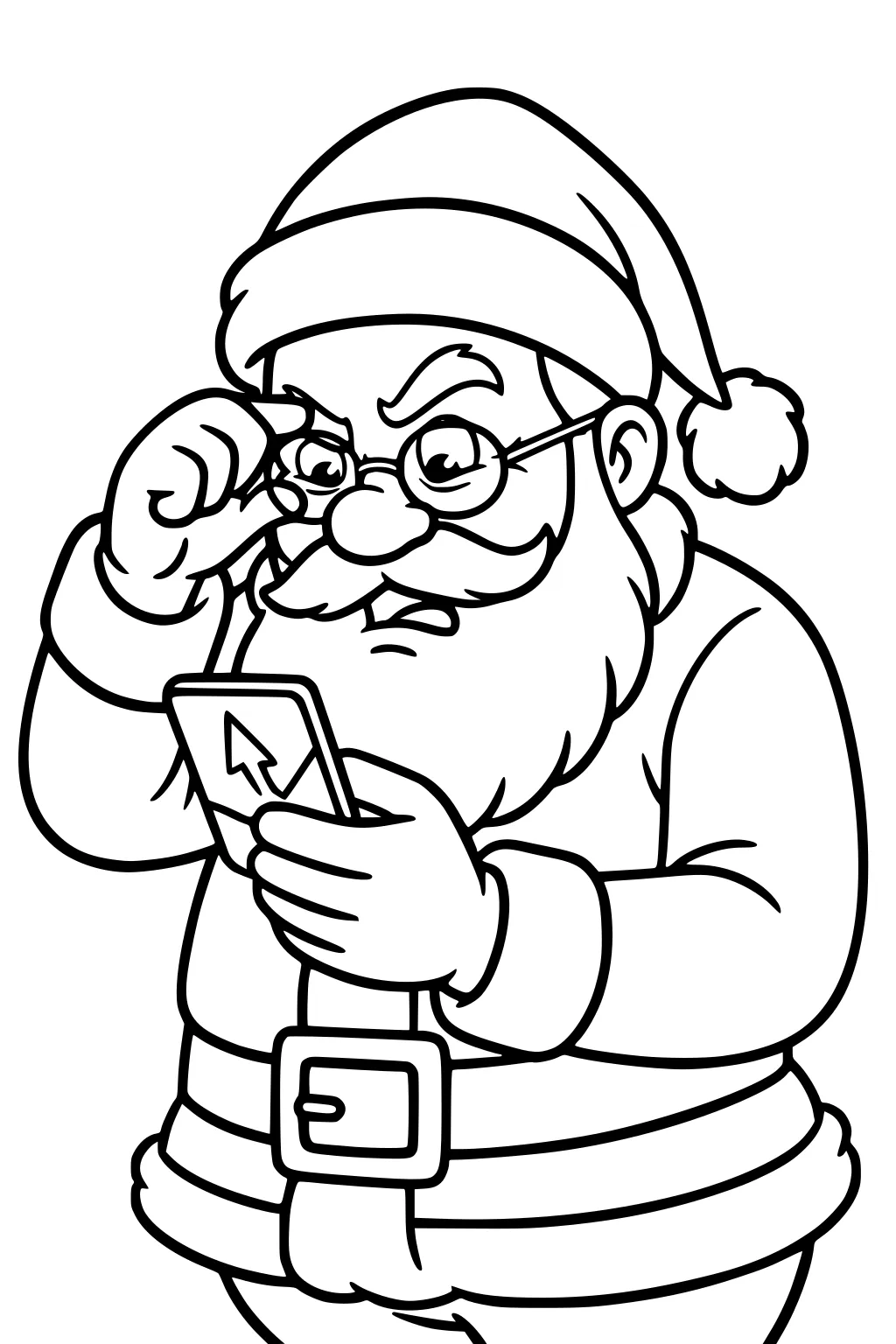 Santa Claus adjusts round glasses while looking at a smartphone, wearing hat and coat with big belt and beard, focused face.