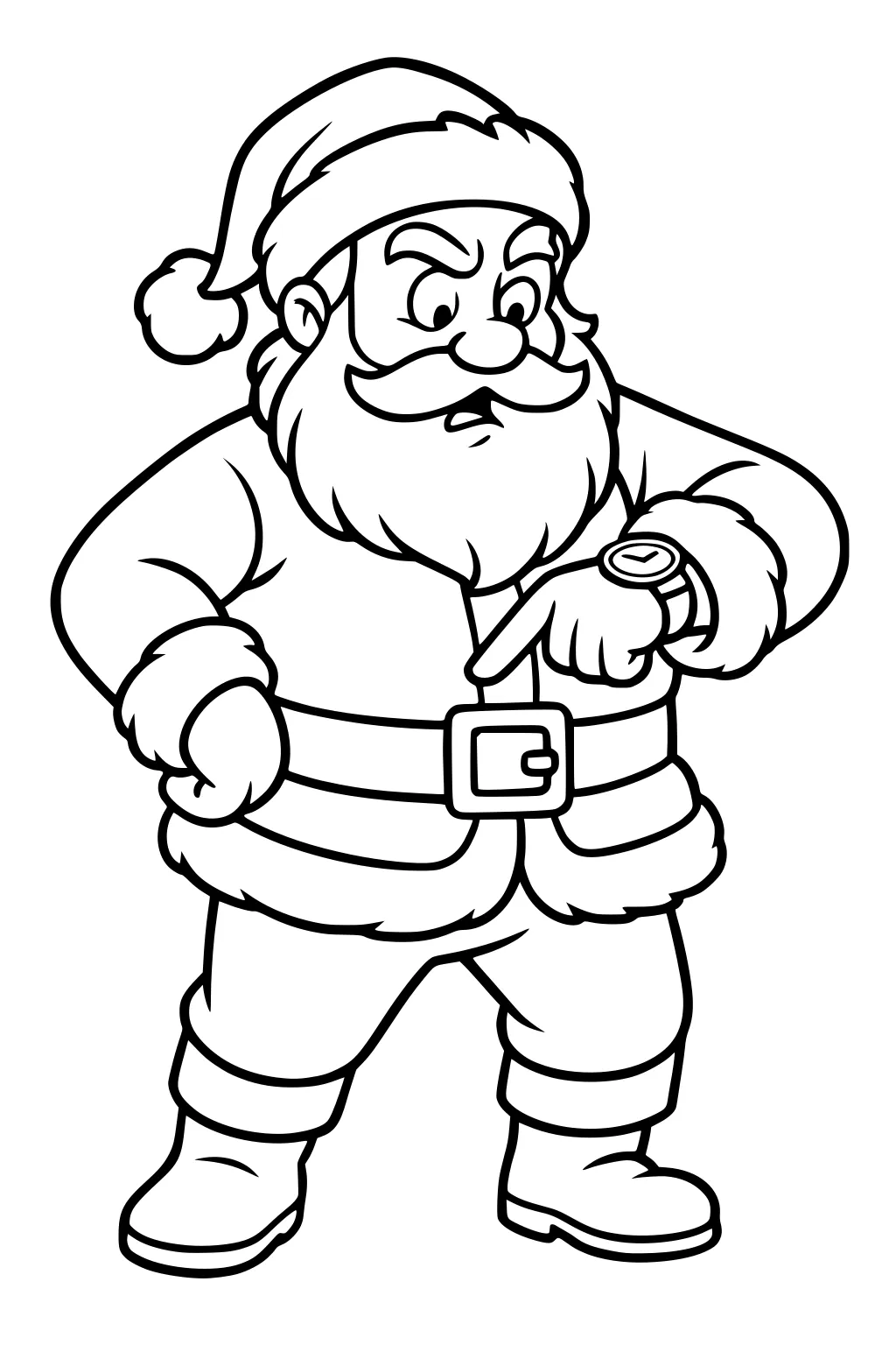 Santa Claus points to his wristwatch, one hand on hip, wearing fur-trimmed suit, hat, belt, and boots, with focused expression.