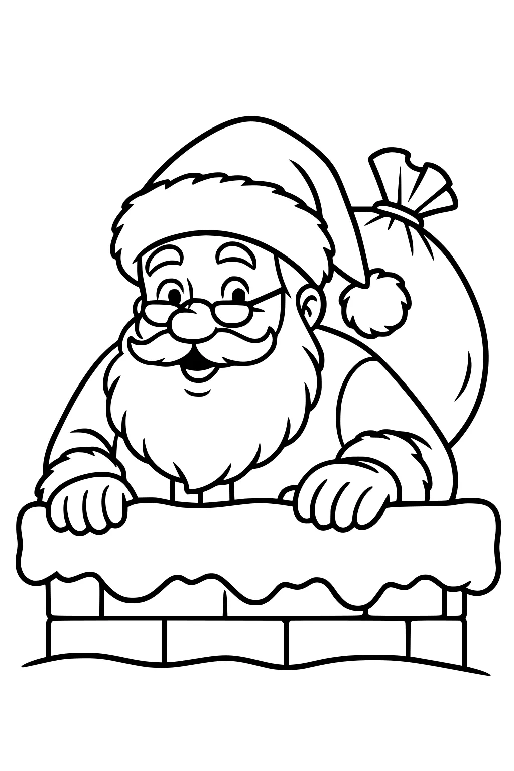 Smiling Santa peeks over a snowy brick chimney, wearing a hat and glasses, with a gift sack on his back; cartoon outline.