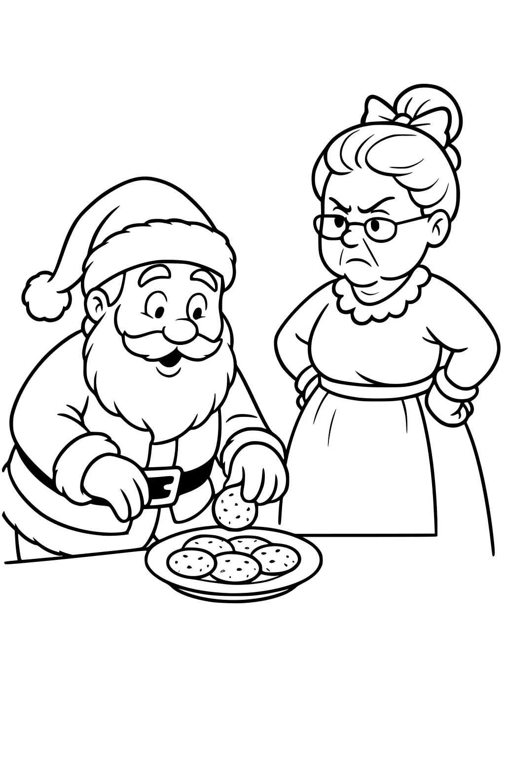 Santa grabs a cookie from a plate as Mrs. Claus stands hands-on-hips, frowning. Bold outline Christmas cartoon.