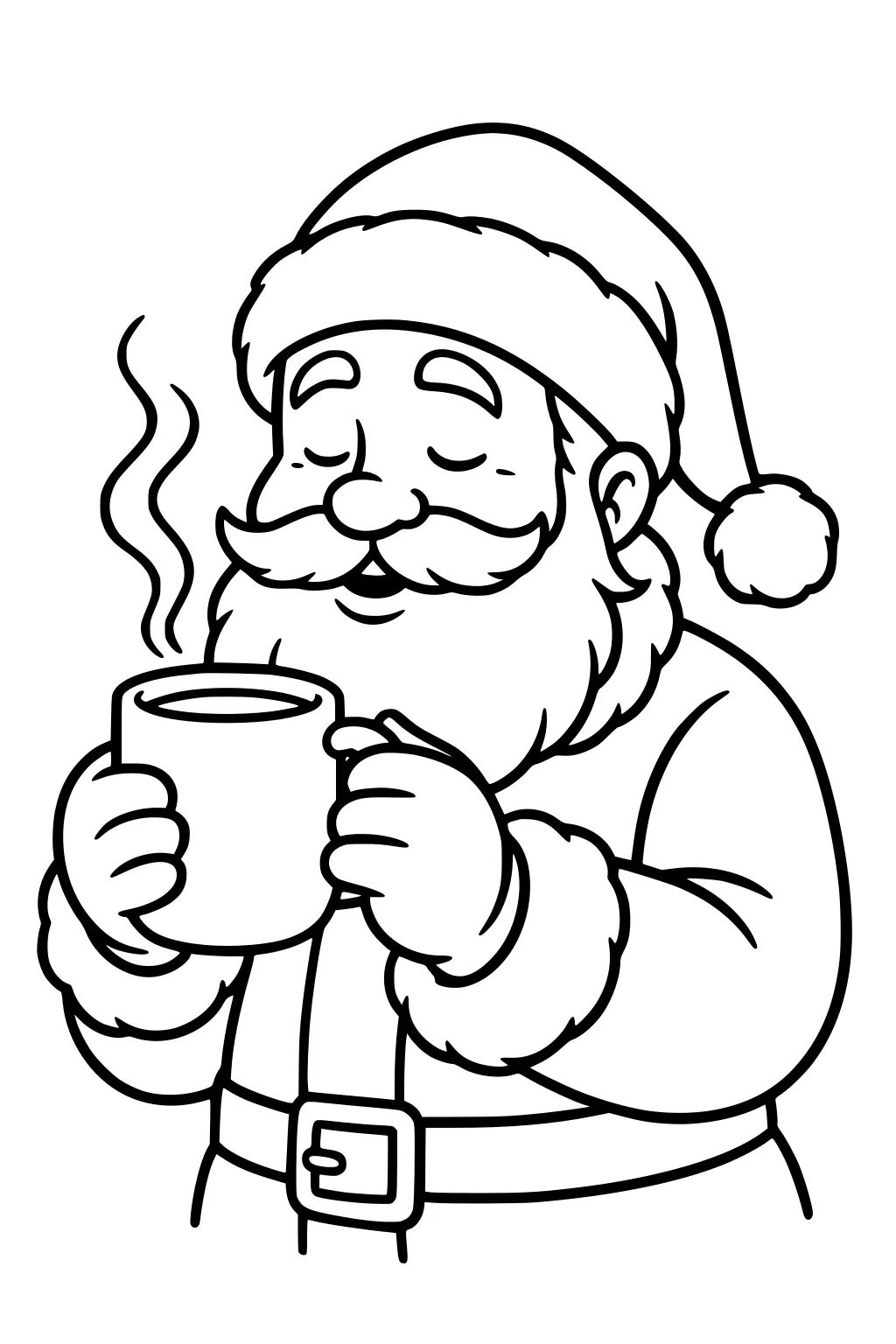 Santa holds a steaming mug, eyes closed and smiling, in pom hat and fur-trimmed coat with belt; simple line art.
