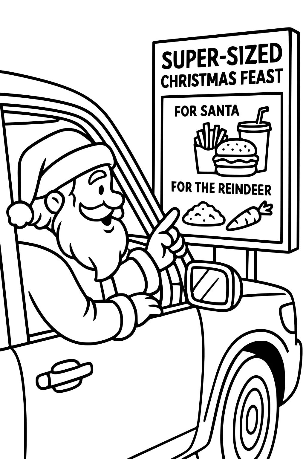 Santa in a car points at a drive-thru menu with burger, fries, drink for Santa, and oats with a carrot for the reindeer.
