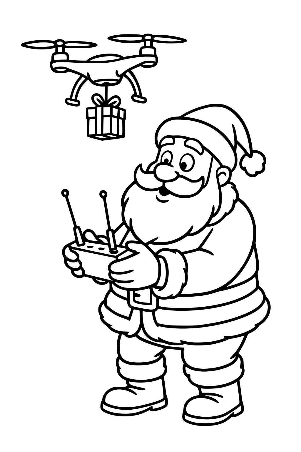Santa holds a remote while a drone above carries a wrapped present; simple Christmas cartoon with bold, clean outlines.