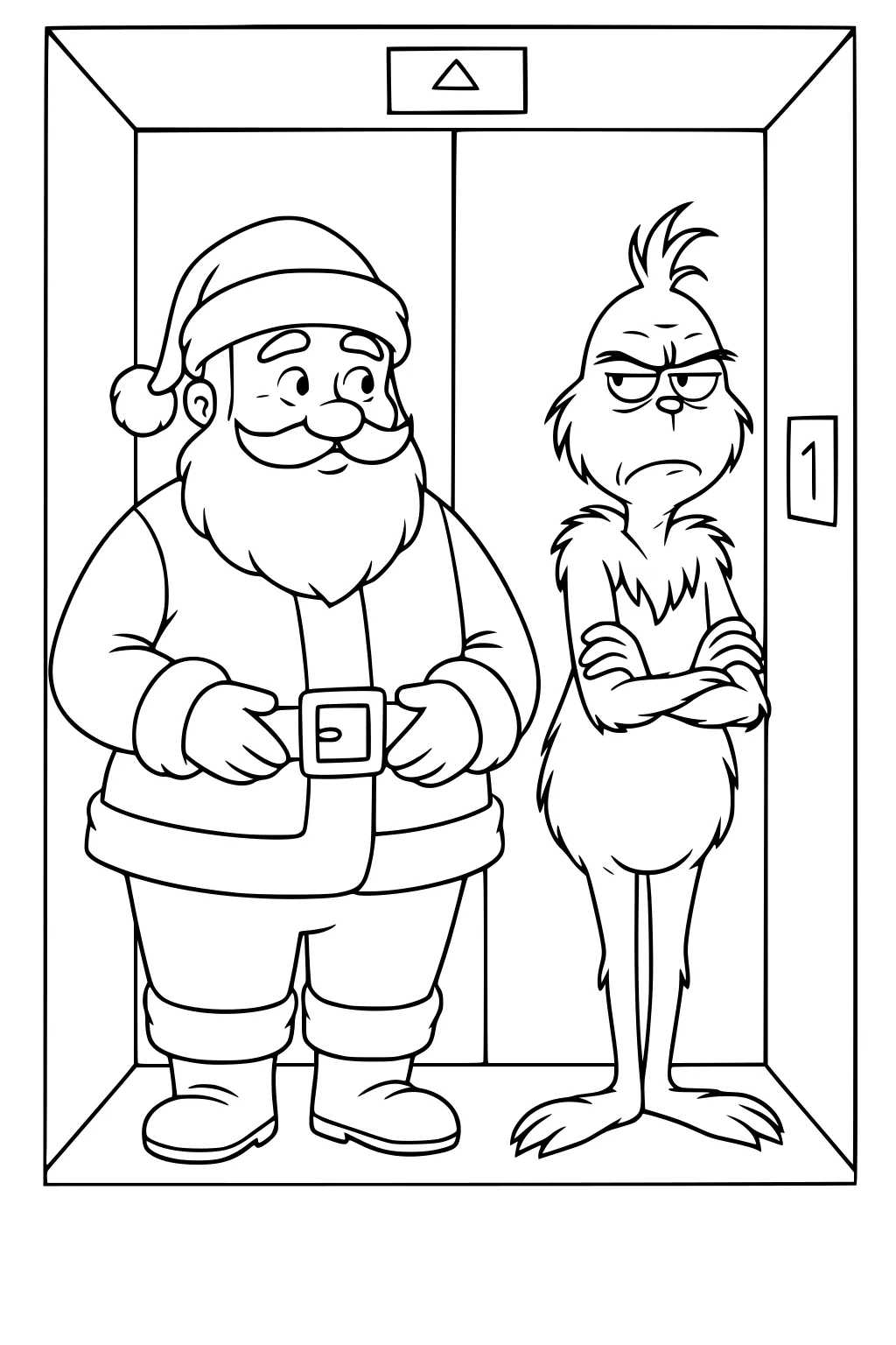 Santa smiles in an elevator beside a grumpy furry green character with crossed arms; floor indicator shows 1 and an up arrow.