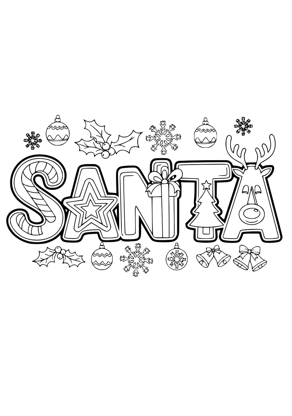 SANTA in bold word art: candy cane S, star A, gift N, tree T, reindeer A, surrounded by ornaments, holly, bells, and snowflakes.