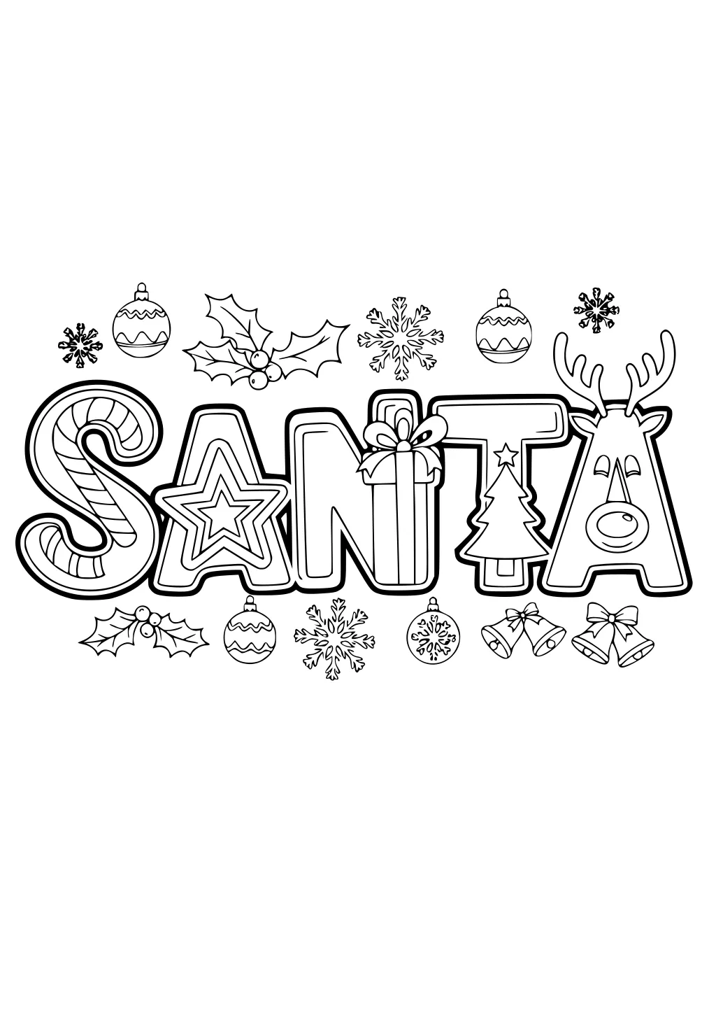 SANTA in bold word art: candy cane S, star A, gift N, tree T, reindeer A, surrounded by ornaments, holly, bells, and snowflakes.