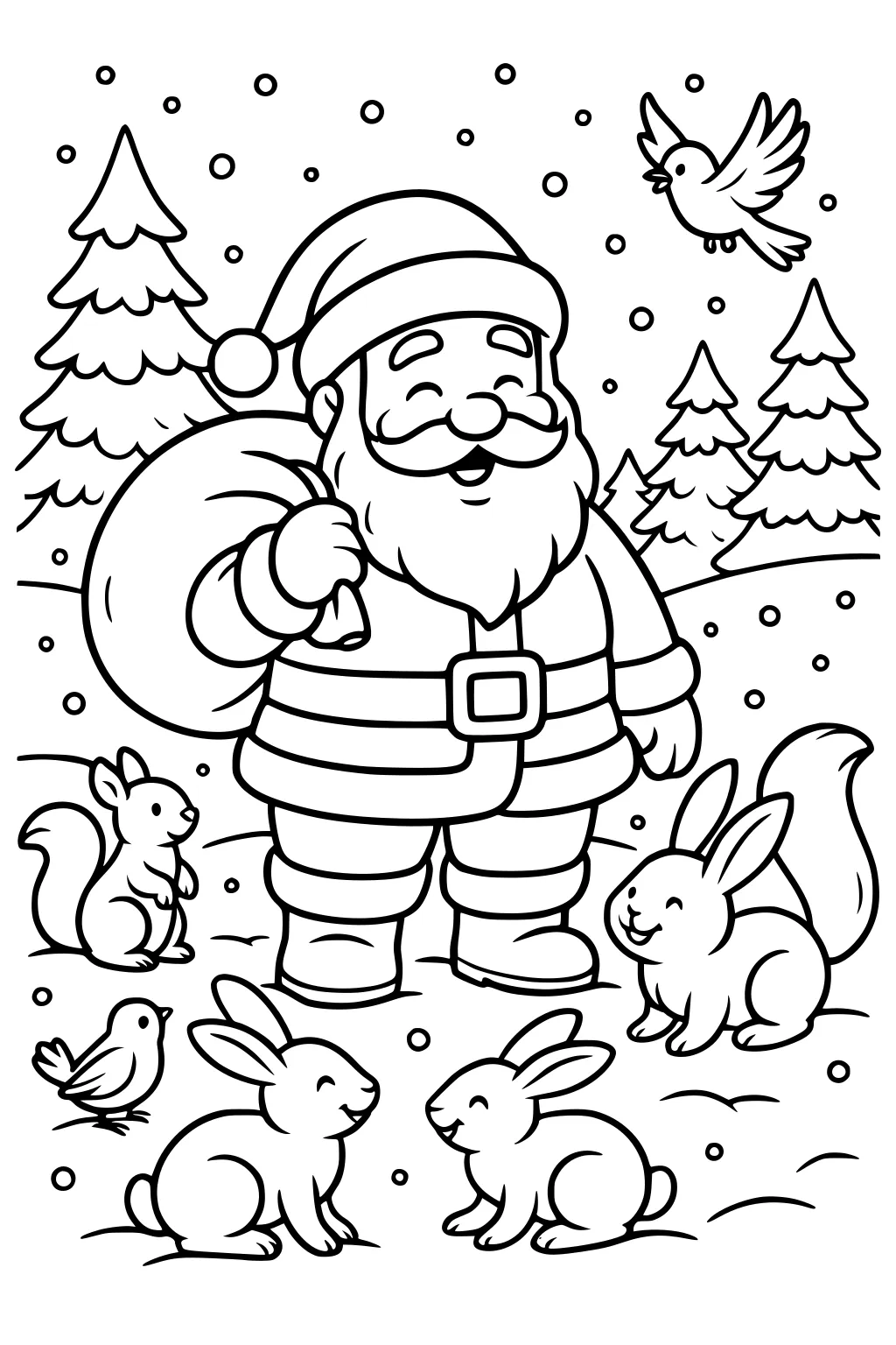 Santa with a gift sack in a snowy forest as rabbits, squirrels, and birds gather around; pine trees and falling snow in the background.