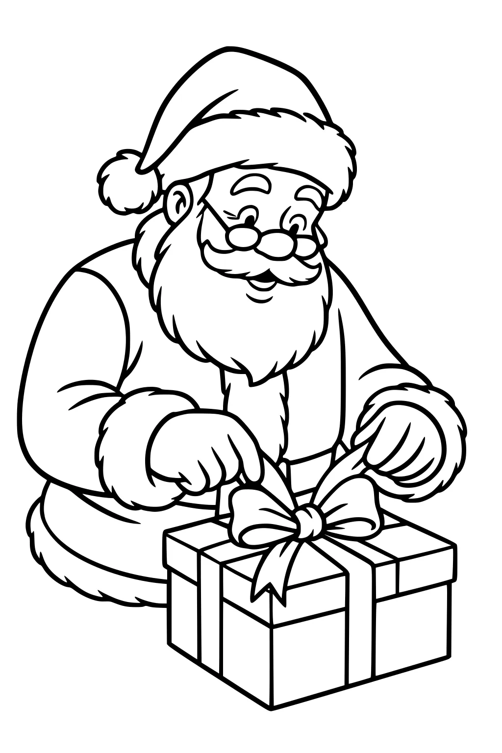 Santa Claus in hat and glasses tying a ribbon bow on a wrapped gift box; bold line art with fluffy trim and open space.